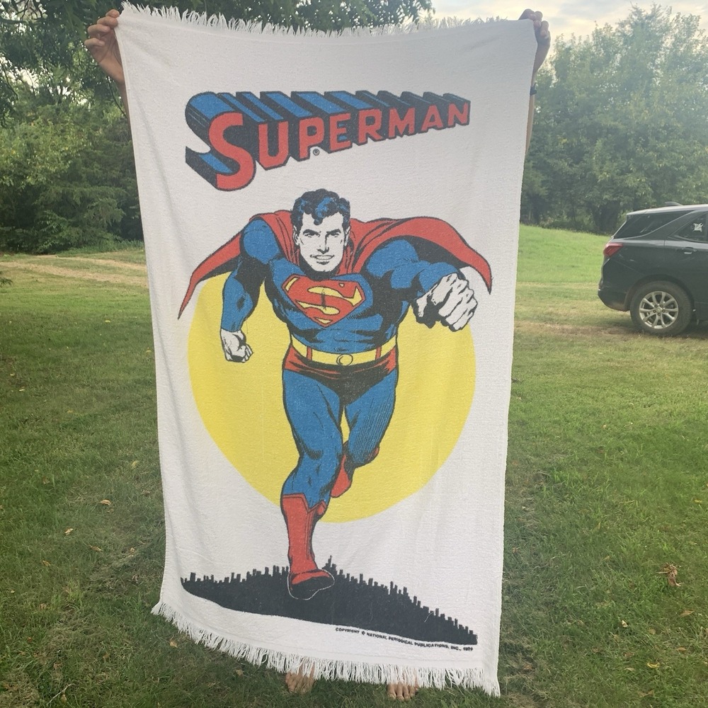 Vintage 1970s DC Comics Superman White Decorative Beach Towel 34x54 Cotton Hero